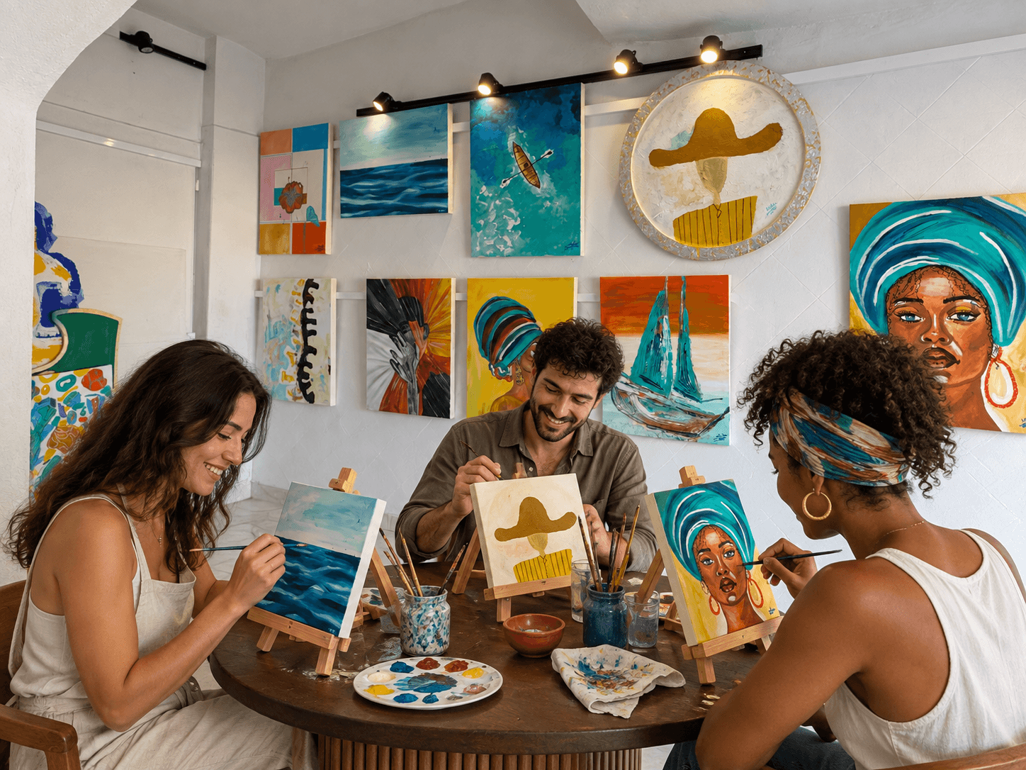 Illustrative scene of three guests painting around a table in an art studio